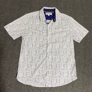 Thomas Sterling Mens Small Short Sleeve Button Down Shirt White Blue Geometric